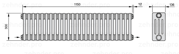 Схема (чертеж) Радиатор Zehnder Charleston 4030/25 №2670 Белый глянцевый RAL 9016